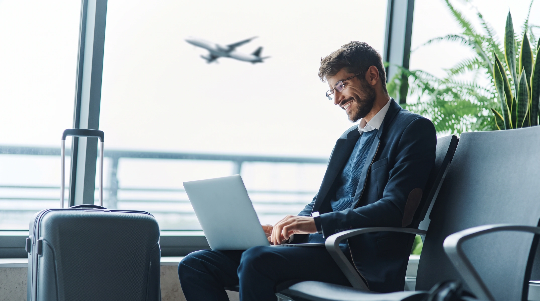 Executivo em aeroporto — gestão de viagens corporativas